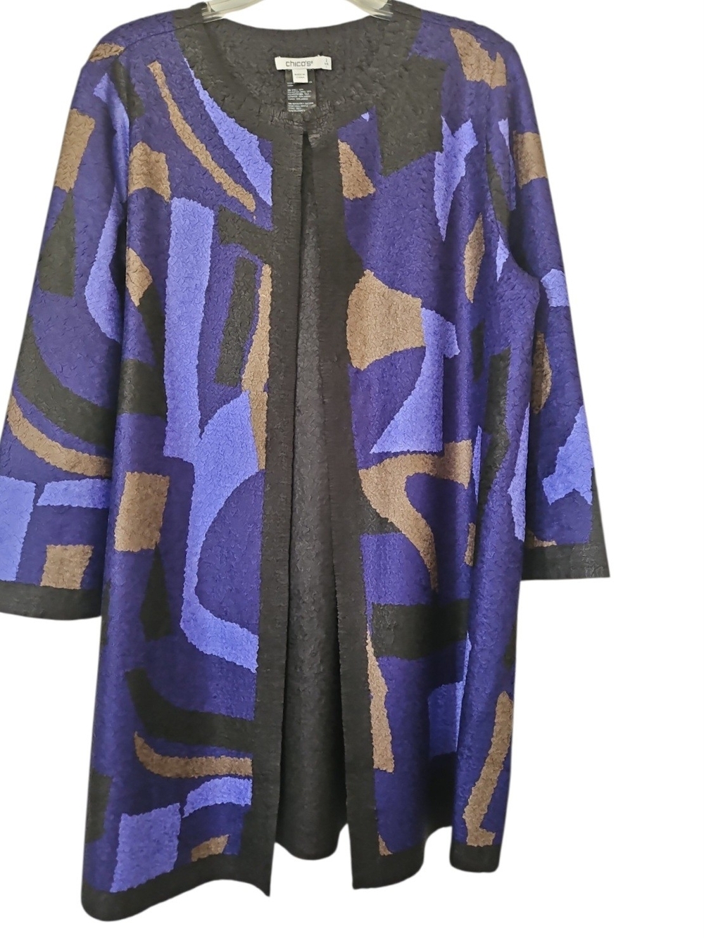 Chico's 2 Bold Abstract Open Front Topper Size L Blue Crinkle Duster Jacket